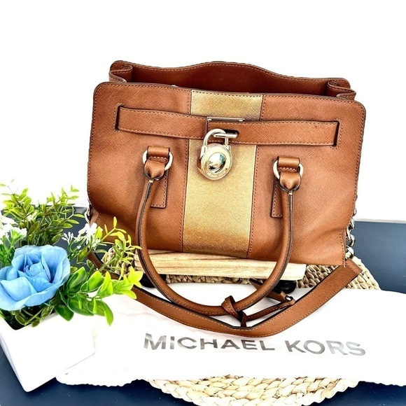 Michael Kors Hamilton Center Stripe Luggage Saffiano Satchel Crossbody Bag - Picture 16 of 16